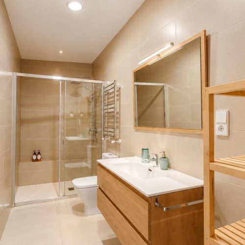 Cuarto de baño con ducha de obra y mampara – casa rural Aprisco de Candeleda (Ávila)