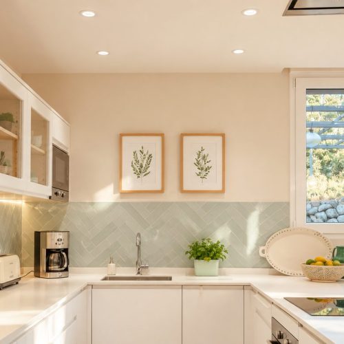 Cocina equipada con encimera blanca y ventana – casa rural Aprisco de Candeleda (Ávila)