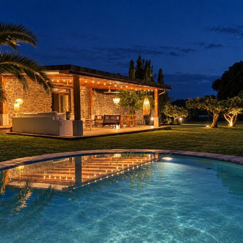 Porche iluminado de noche visto desde la piscina – casa rural Aprisco de Candeleda (Ávila)