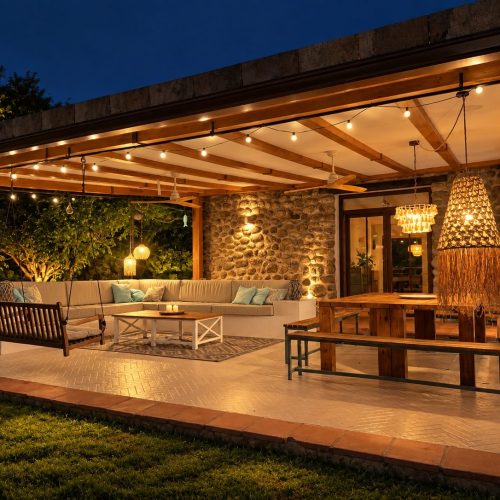 Porche cubierto iluminado de noche con sofás y mesa – casa rural Aprisco de Candeleda (Ávila)
