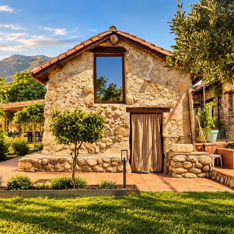 Casita de piedra de la piscina rodeada de frutales – casa rural Aprisco de Candeleda (Ávila)