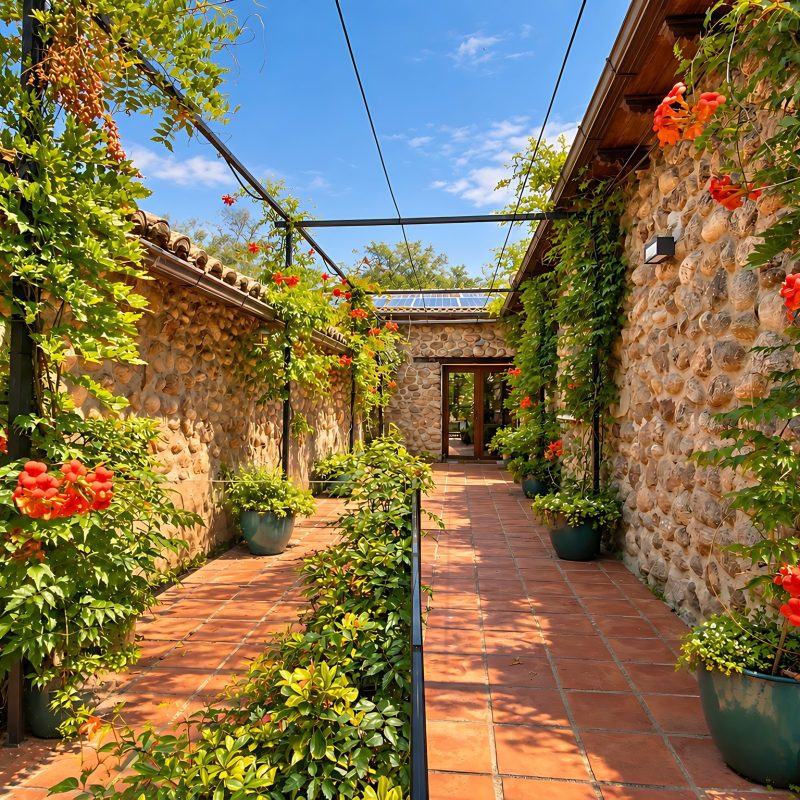 Pasillo exterior entre muros de piedra con flores – casa rural Aprisco de Candeleda (Ávila)