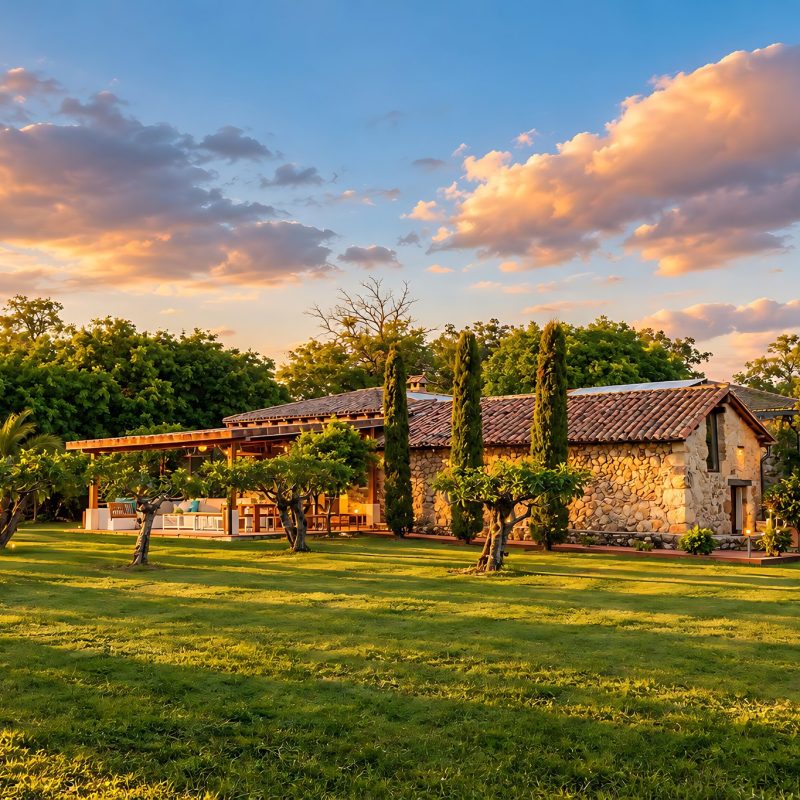 Casa de piedra y jardín al atardecer – casa rural Aprisco de Candeleda (Ávila)