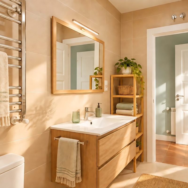 Cuarto de baño con lavabo de madera y toallero – casa rural Aprisco de Candeleda (Ávila)