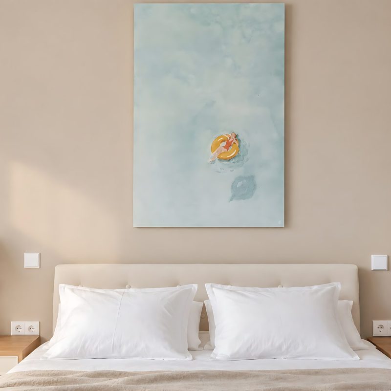 Dormitorio doble con cama de matrimonio y cuadro de piscina – casa rural Aprisco de Candeleda (Ávila)