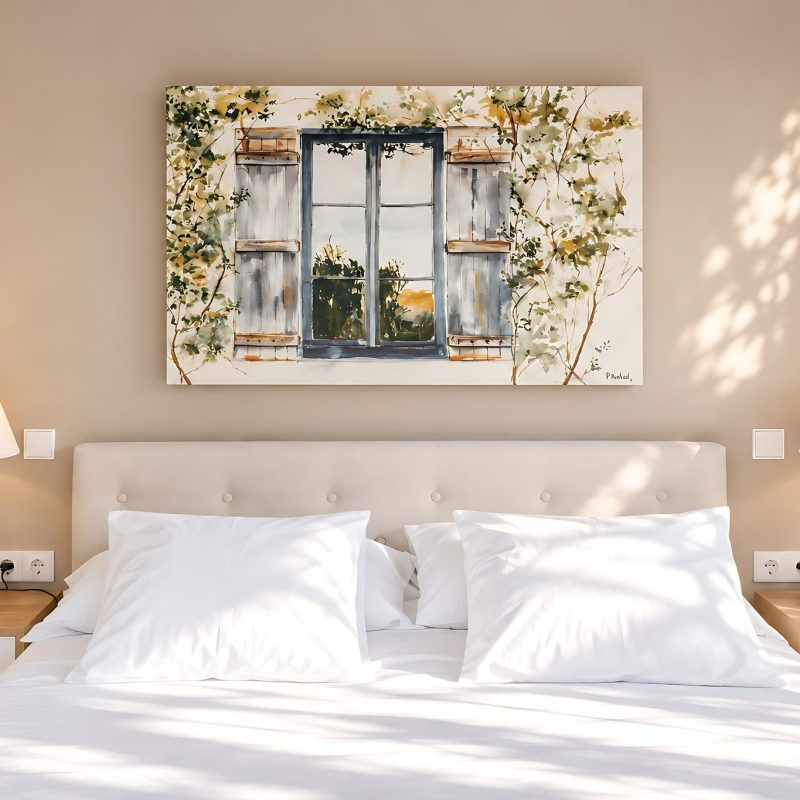 Dormitorio con cama de matrimonio y cuadro de ventana con flores – casa rural Aprisco de Candeleda (Ávila)