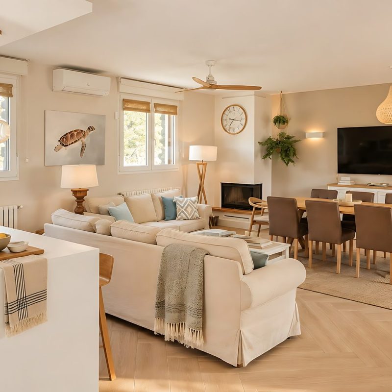 Salón, comedor y cocina abiertos en un solo espacio – casa rural Aprisco de Candeleda (Ávila)