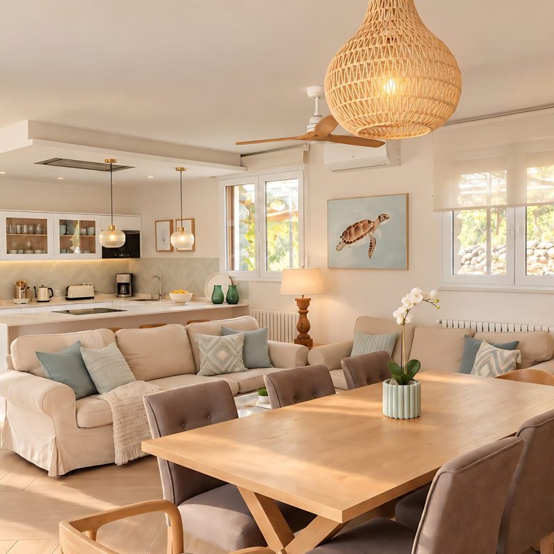 Salón con sofás y mesa de comedor para grupos – casa rural Aprisco de Candeleda (Ávila)