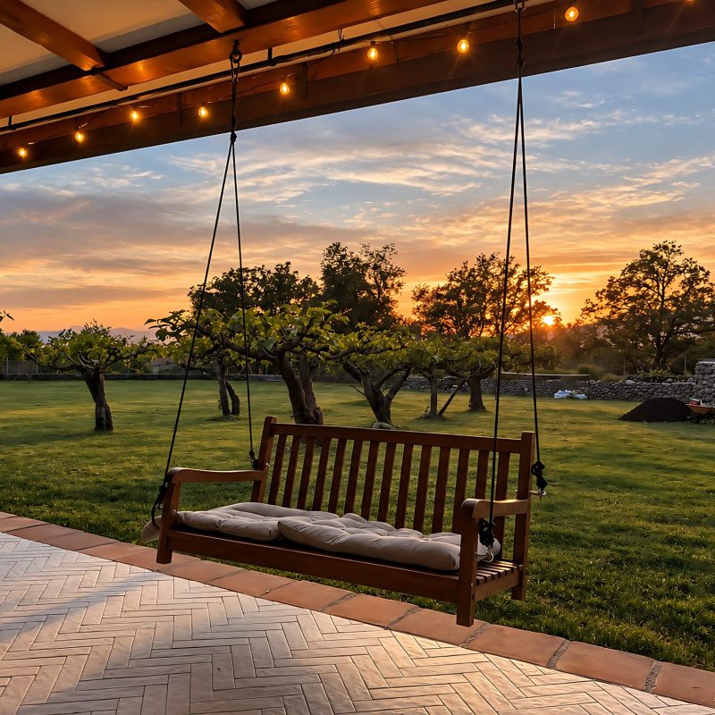 Columpio balinés en el porche al atardecer – casa rural Aprisco de Candeleda (Ávila)