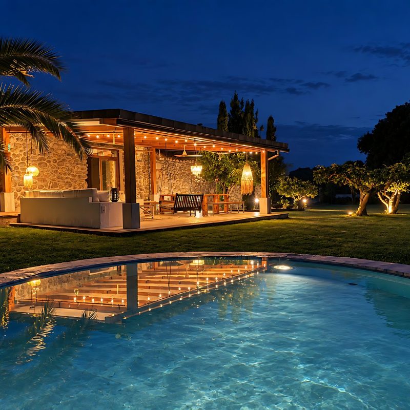 Porche iluminado de noche visto desde la piscina – casa rural Aprisco de Candeleda (Ávila)