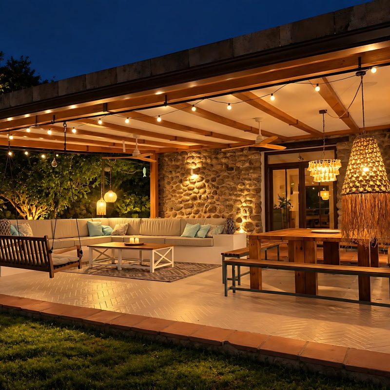 Porche cubierto iluminado de noche con sofás y mesa – casa rural Aprisco de Candeleda (Ávila)